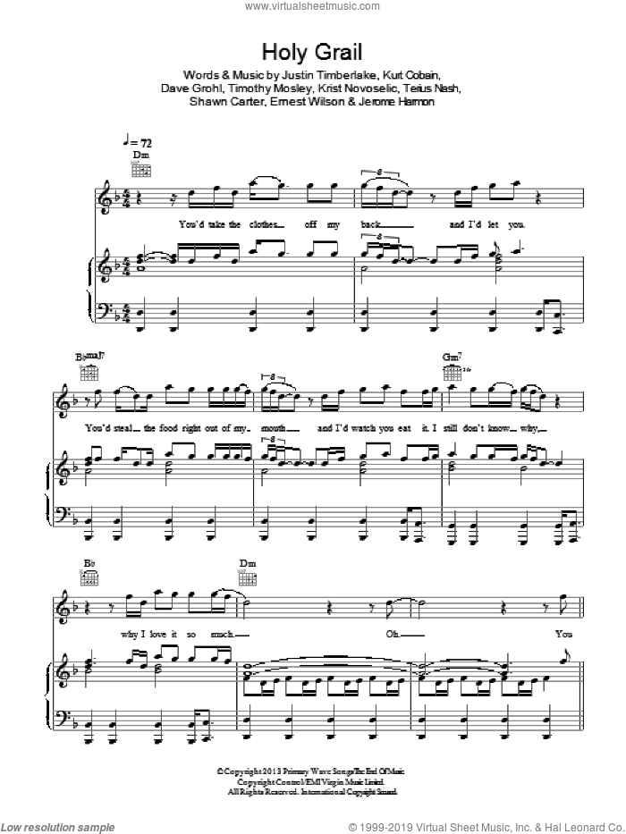 Holy Grail (feat. Justin Timberlake) sheet music for voice, piano or guitar by Jay-Z, Dave Grohl, Ernest Wilson, Jerome Harmon, Justin Timberlake, Krist Novoselic, Kurt Cobain, Shawn Carter, Terius Nash and Tim Mosley, intermediate skill level