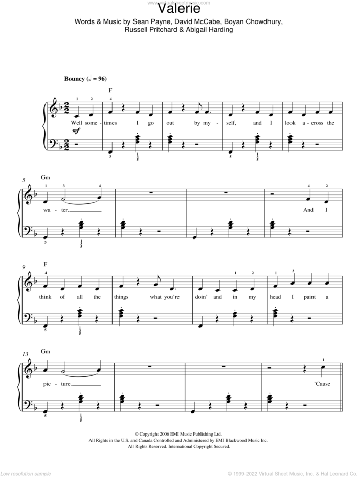 Valerie sheet music for piano solo by Amy Winehouse, The Zutons, Abigail Harding, Boyan Chowdhury, David McCabe, Russell Pritchard and Sean Payne, easy skill level
