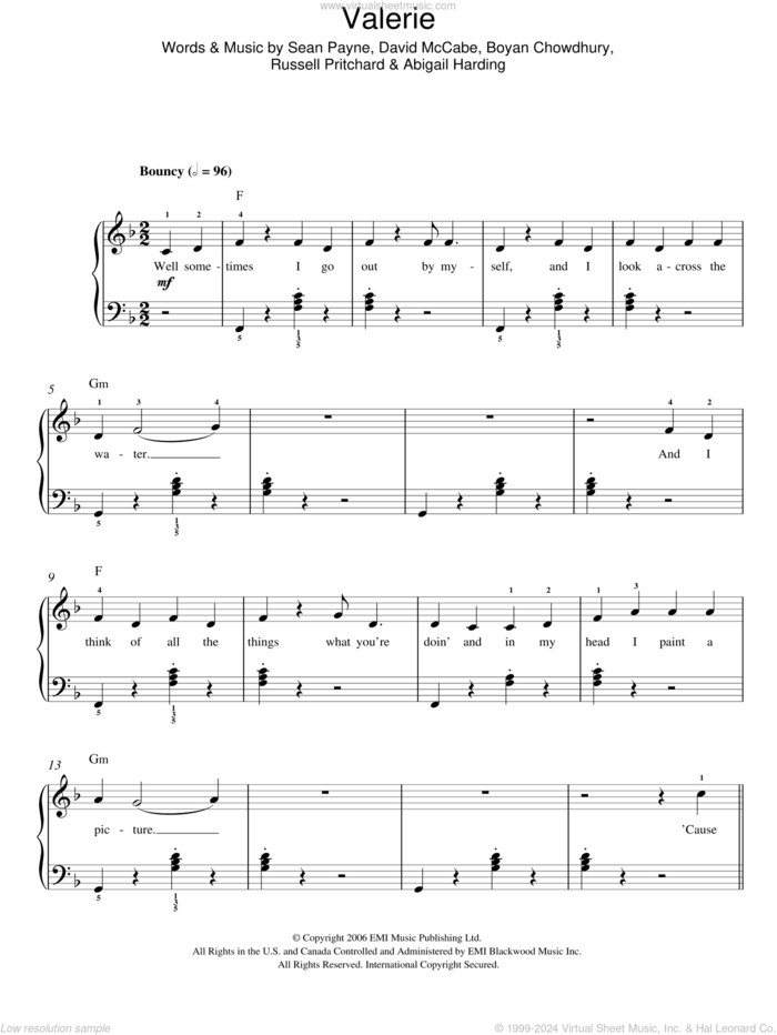 Valerie sheet music for piano solo by Amy Winehouse, The Zutons, Abigail Harding, Boyan Chowdhury, David McCabe, Russell Pritchard and Sean Payne, easy skill level