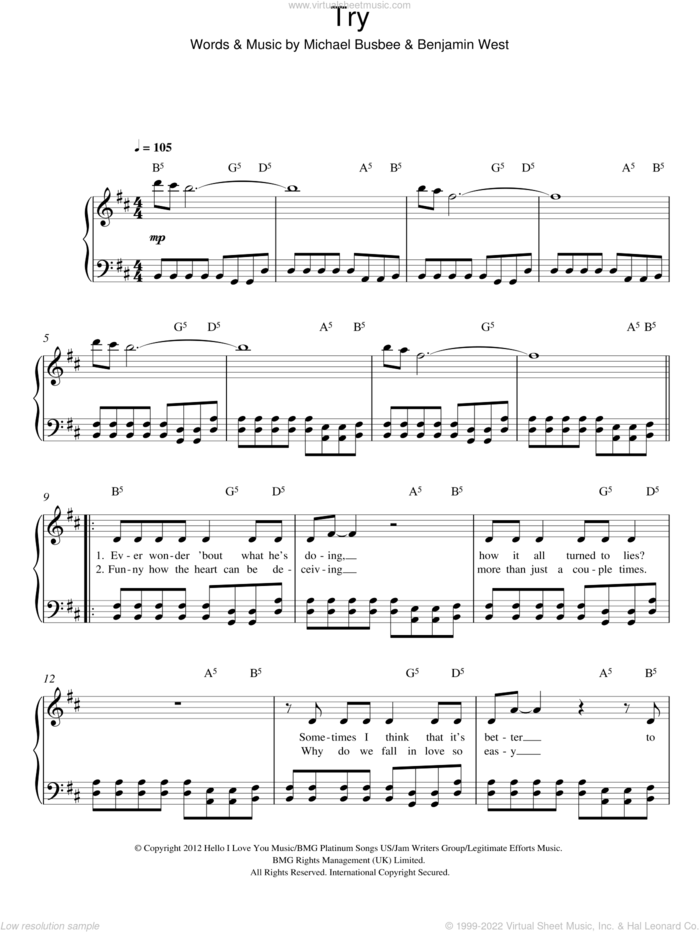 Try sheet music for piano solo by P!nk, Benjamin West and Michael Busbee, easy skill level