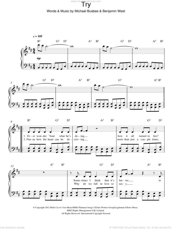 Try sheet music for piano solo by P!nk, Benjamin West and Michael Busbee, easy skill level