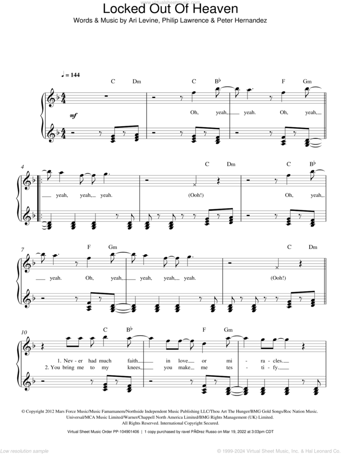 Locked Out Of Heaven sheet music for piano solo by Bruno Mars, Ari Levine, Peter Hernandez and Philip Lawrence, easy skill level