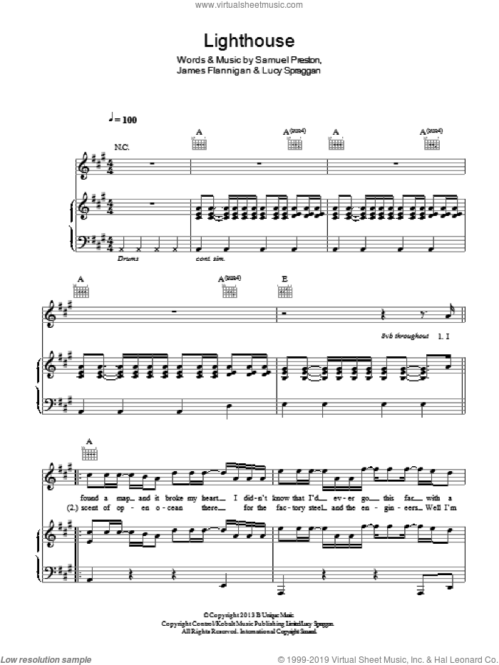 Lighthouse sheet music for voice, piano or guitar by Lucy Spraggan, James Flannigan and Samuel Preston, intermediate skill level