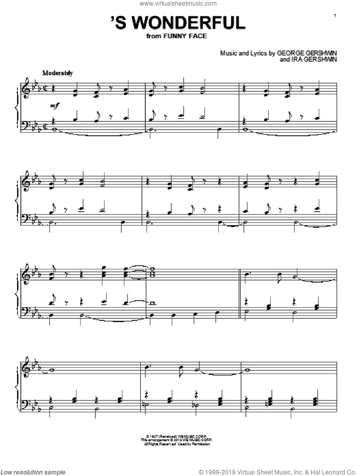 'S Wonderful sheet music for piano solo by Ira Gershwin and George Gershwin, intermediate skill level