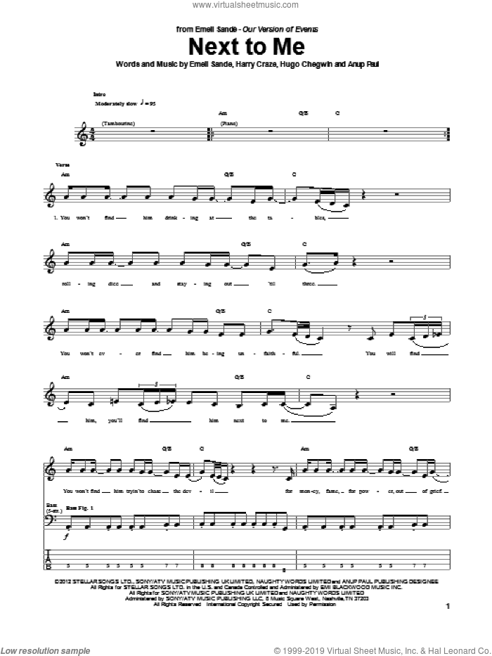 Next To Me sheet music for bass (tablature) (bass guitar) by Emeli Sande, intermediate skill level