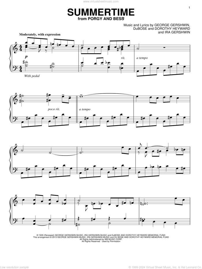 Summertime sheet music for piano solo by Ira Gershwin and George Gershwin, intermediate skill level
