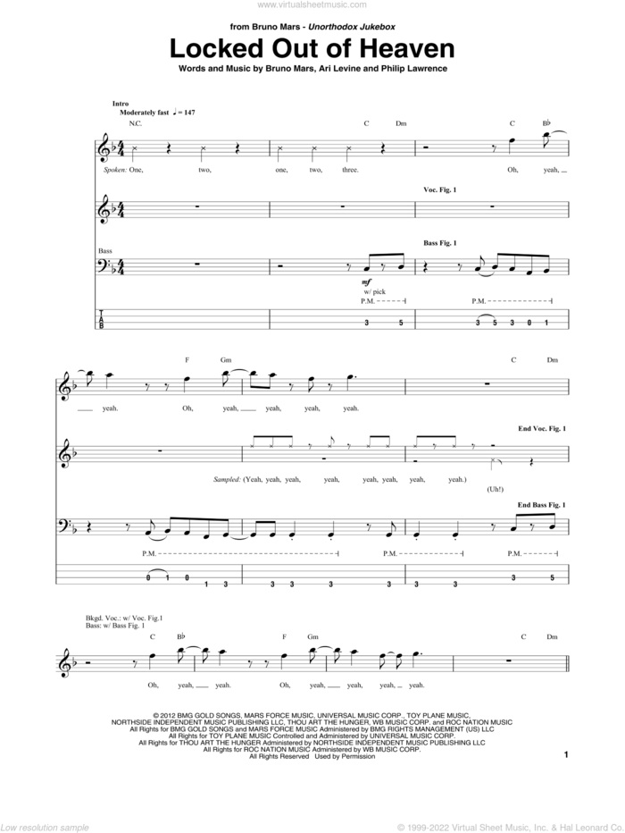 Locked Out Of Heaven sheet music for bass (tablature) (bass guitar) by Bruno Mars, intermediate skill level