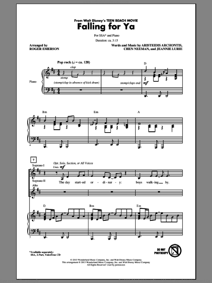 Falling For Ya (from Teen Beach Movie) sheet music for choir (SSA: soprano, alto) by Roger Emerson, intermediate skill level