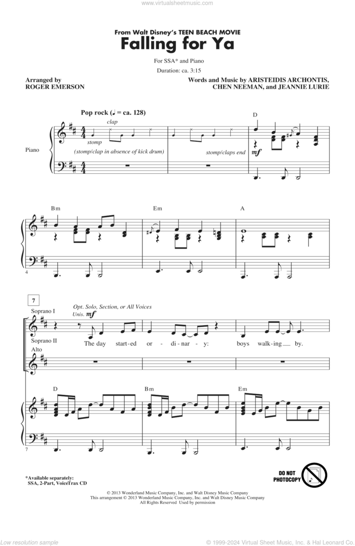 Falling For Ya (from Teen Beach Movie) sheet music for choir (SSA: soprano, alto) by Roger Emerson, intermediate skill level