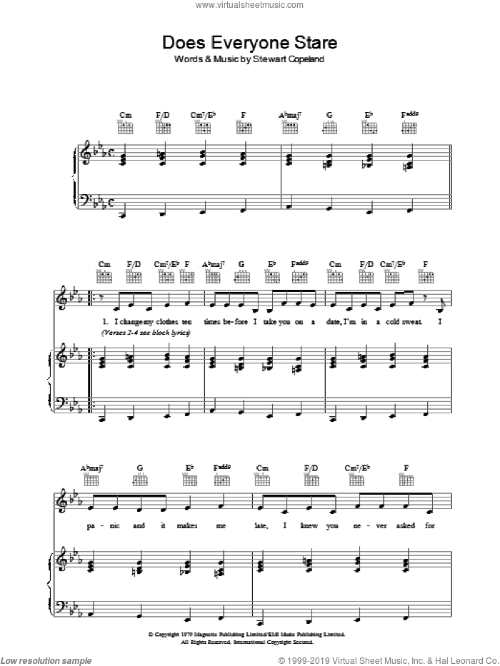 Does Everyone Stare sheet music for voice, piano or guitar by The Police and Stewart Copeland, intermediate skill level