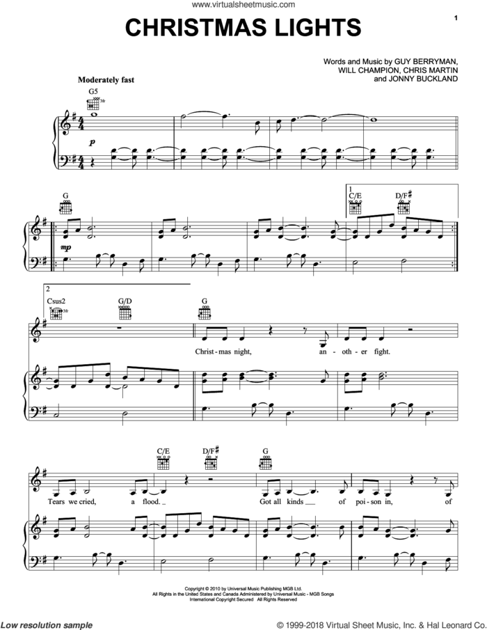 Christmas Lights sheet music for voice, piano or guitar by Coldplay, intermediate skill level
