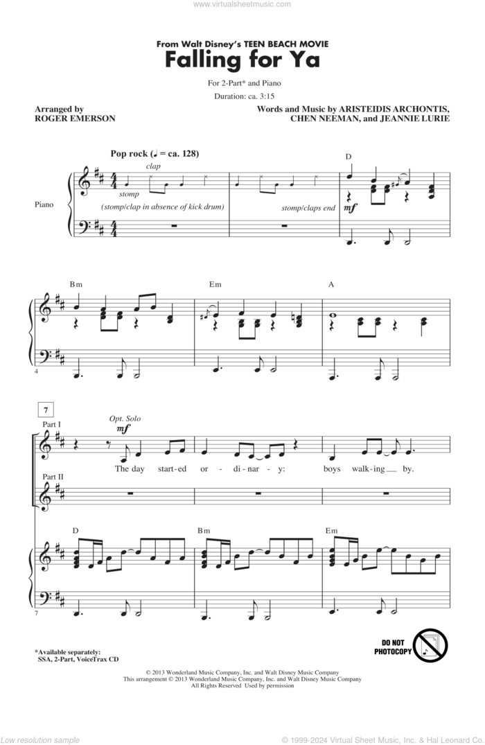 Falling For Ya (from Teen Beach Movie) sheet music for choir (2-Part) by Roger Emerson, intermediate duet