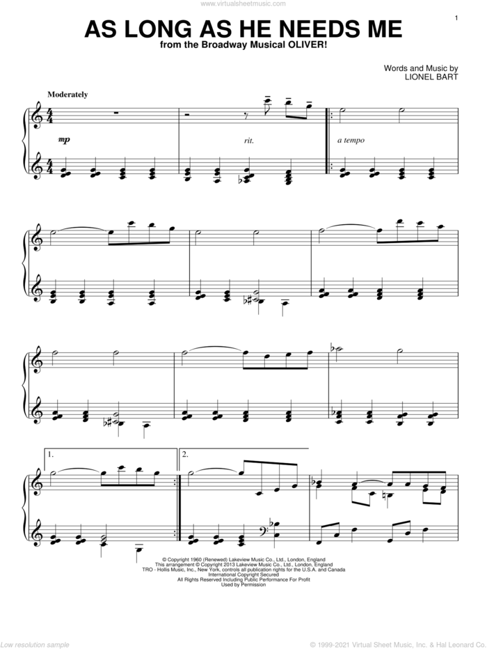 As Long As He Needs Me, (intermediate) sheet music for piano solo by Lionel Bart, intermediate skill level
