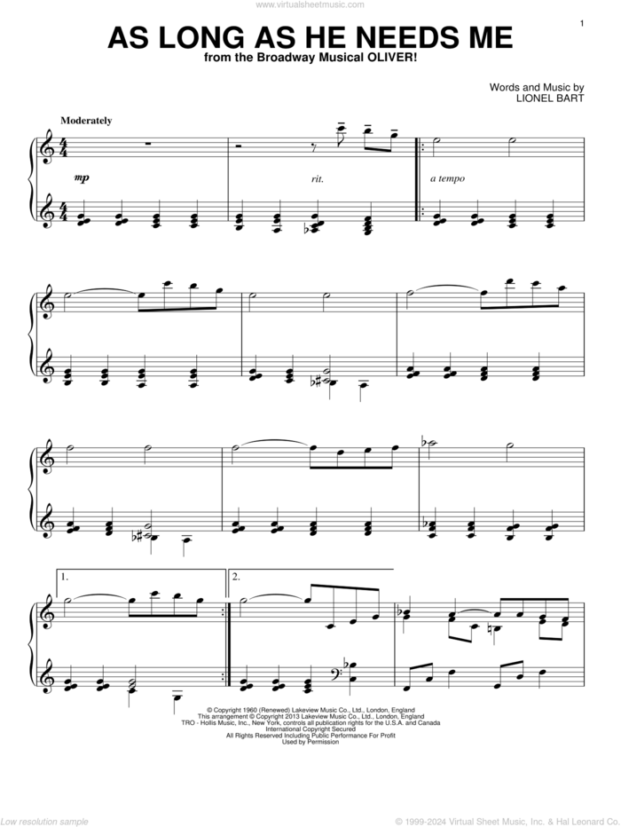 As Long As He Needs Me, (intermediate) sheet music for piano solo by Lionel Bart, intermediate skill level