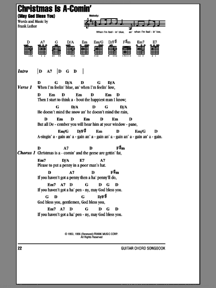 Christmas Is A-Comin' (May God Bless You) sheet music for guitar (chords) by Frank Luther, intermediate skill level