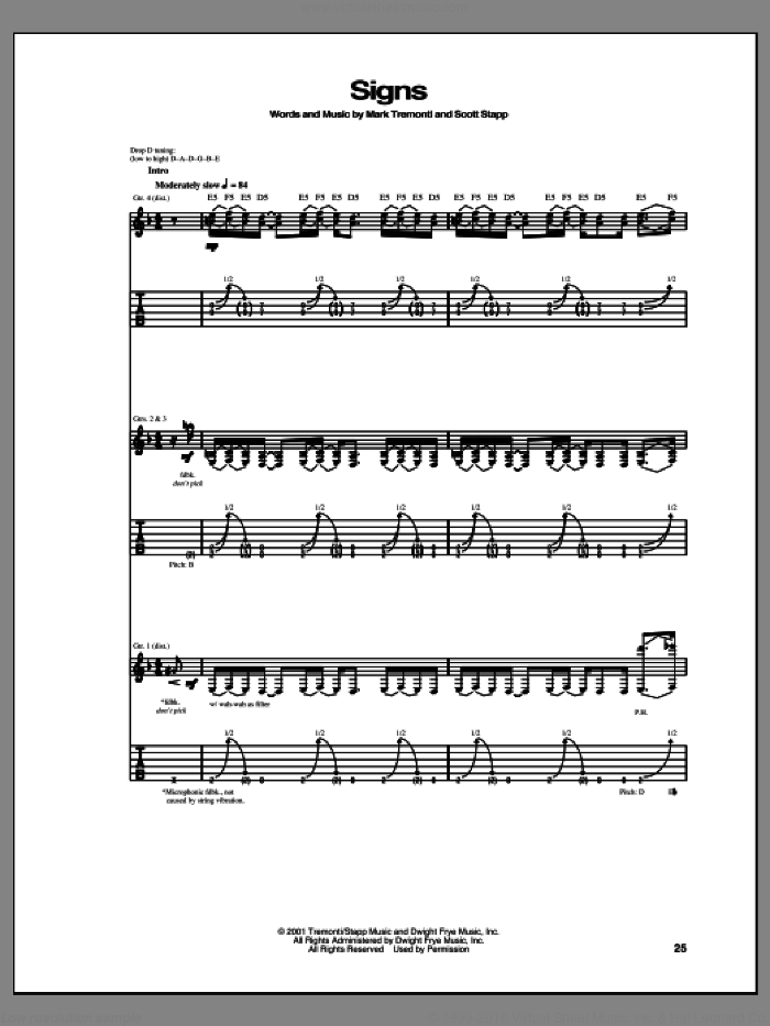Signs sheet music for guitar (tablature) by Creed, intermediate skill level