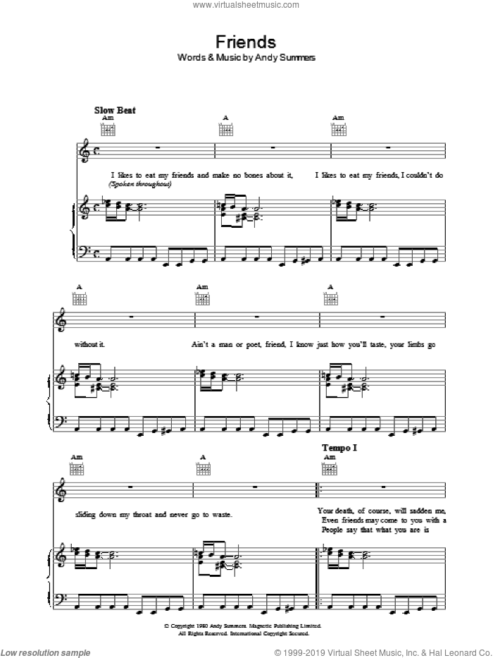 Friends sheet music for voice, piano or guitar by The Police and Andy Summers, intermediate skill level