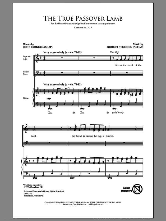 The True Passover Lamb sheet music for choir (SATB: soprano, alto, tenor, bass) by Robert Sterling and John Parker, intermediate skill level