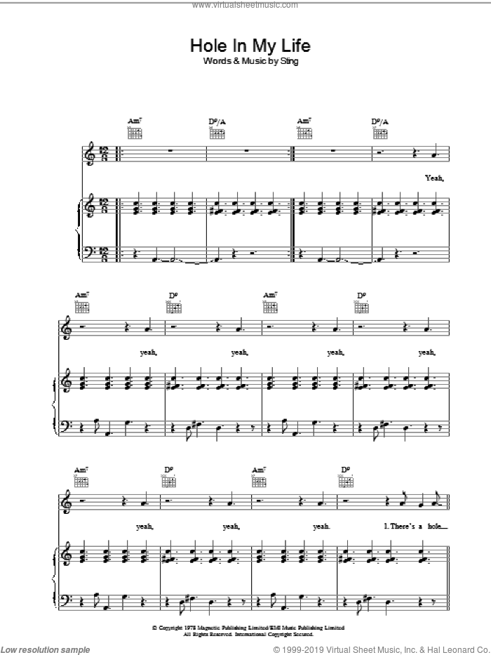 Hole In My Life sheet music for voice, piano or guitar by The Police and Sting, intermediate skill level