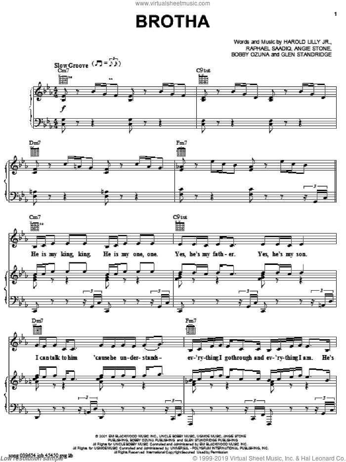 Brotha sheet music for voice, piano or guitar by Angie Stone, Bobby Ozuna and Glen Standridge, intermediate skill level