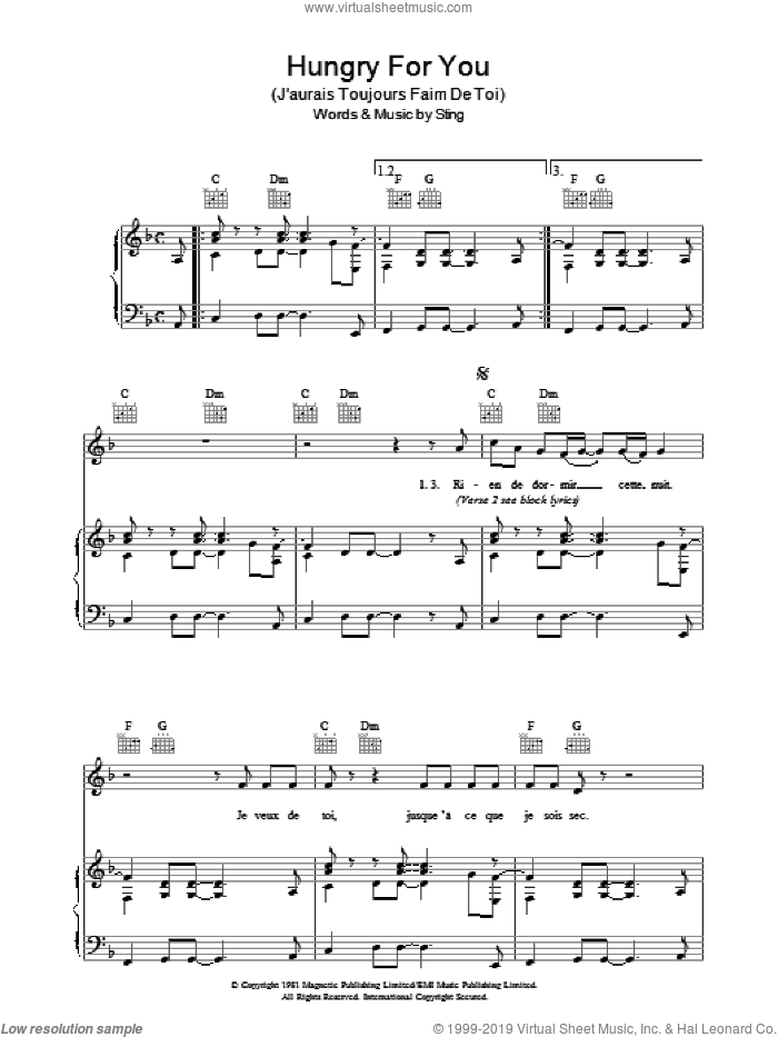 Hungry For You (J'aurais Toujours Faim De Toi) sheet music for voice, piano or guitar by The Police and Sting, intermediate skill level