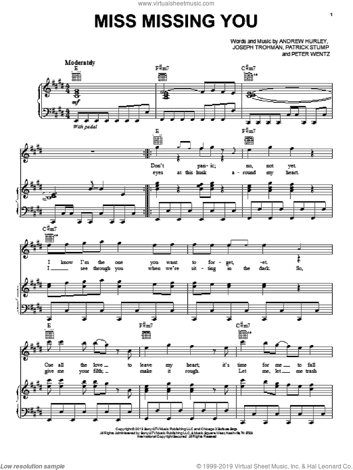 Miss Missing You sheet music for voice, piano or guitar by Fall Out Boy, intermediate skill level