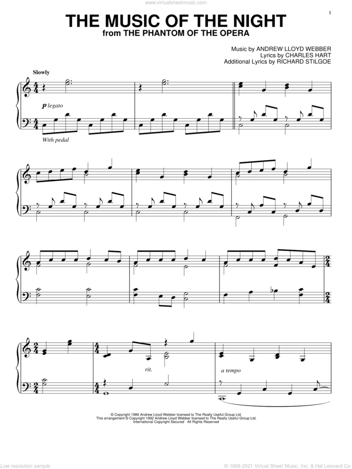 The Music Of The Night (from The Phantom Of The Opera) sheet music for piano solo by Andrew Lloyd Webber, intermediate skill level