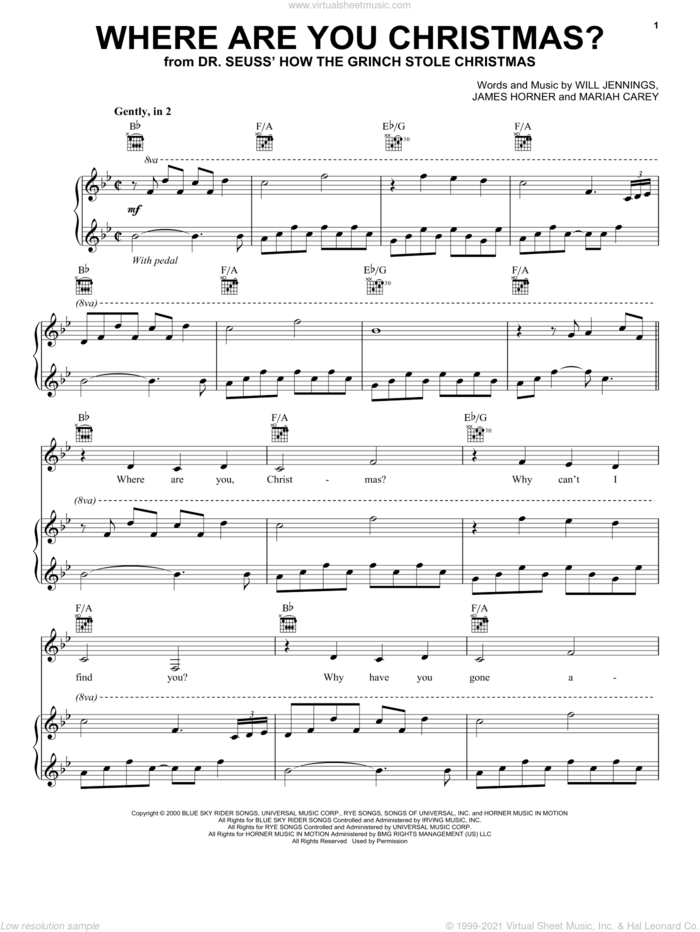 Where Are You Christmas? (from How The Grinch Stole Christmas) sheet music for voice, piano or guitar by Mariah Carey, Faith Hill, James Horner and Will Jennings, intermediate skill level