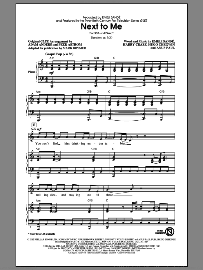 Next To Me sheet music for choir (SSA: soprano, alto) by Mark Brymer and Emeli Sande, intermediate skill level