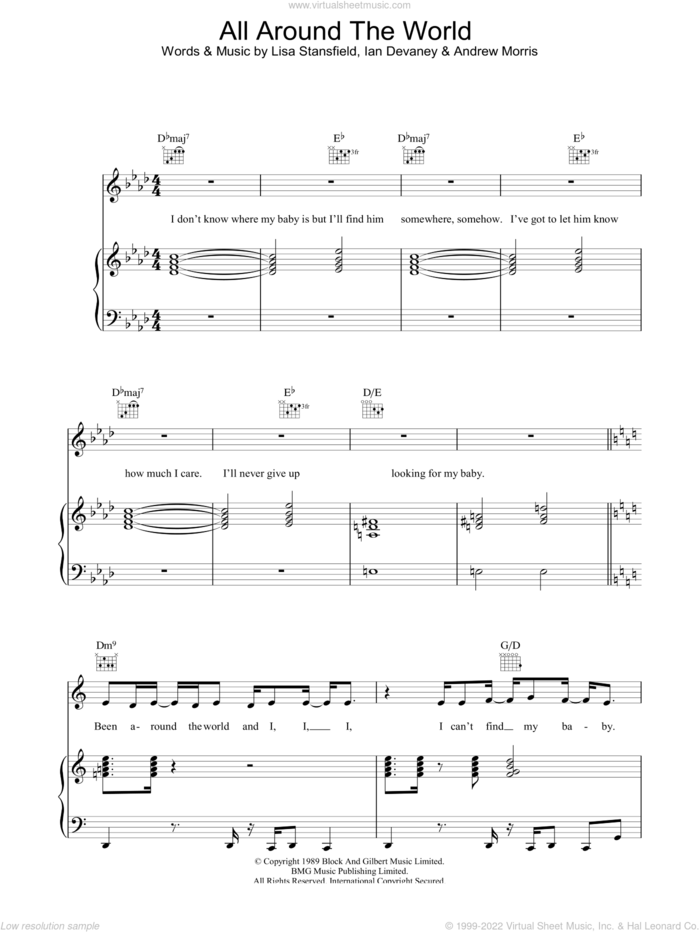 All Around The World sheet music for voice, piano or guitar by Lisa Stansfield, Andrew Morris and Ian Devaney, intermediate skill level