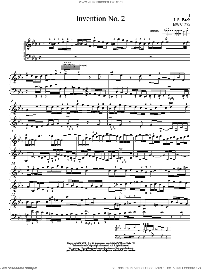 Invention No. 2 sheet music for piano solo by Johann Sebastian Bach and Christopher Taylor, classical score, intermediate skill level