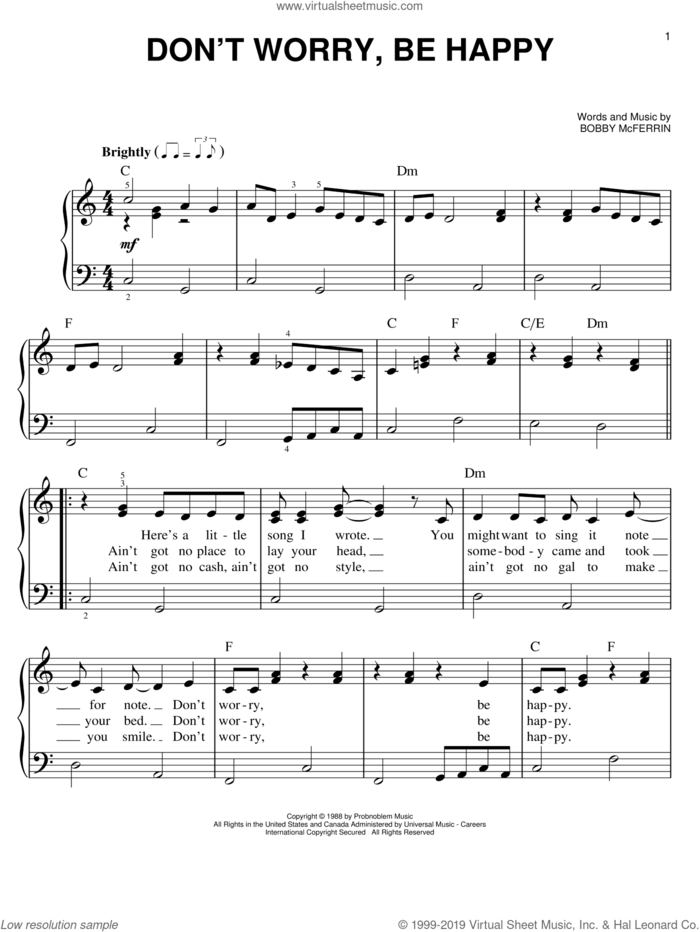 Don't Worry, Be Happy sheet music for piano solo by Bobby McFerrin, easy skill level
