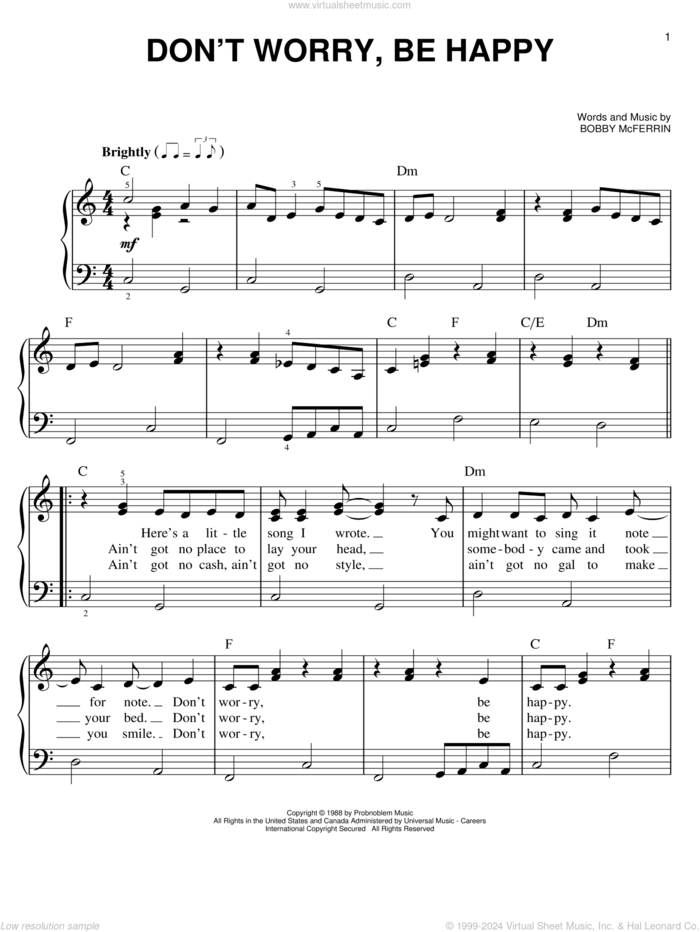 Don't Worry, Be Happy sheet music for piano solo by Bobby McFerrin, easy skill level