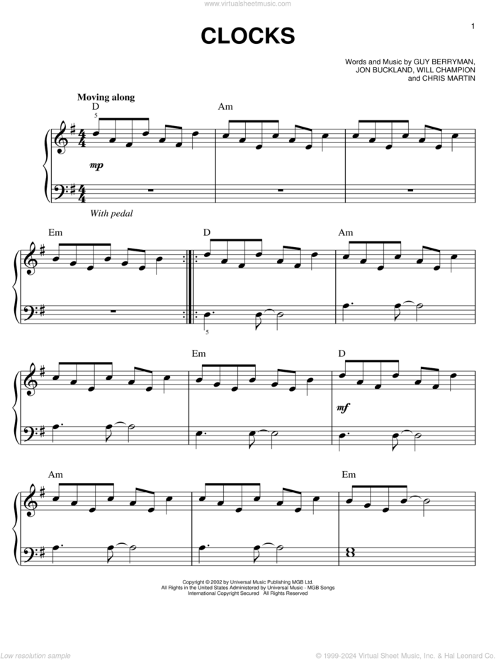 Clocks, (easy) sheet music for piano solo by Coldplay, easy skill level