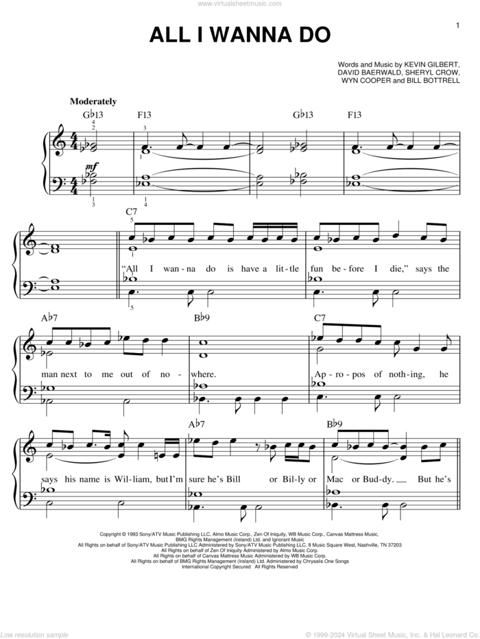 All I Wanna Do sheet music for piano solo by Sheryl Crow, easy skill level