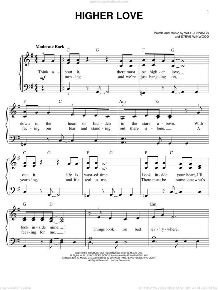 Higher Love, (easy) sheet music for piano solo by Steve Winwood, easy skill level