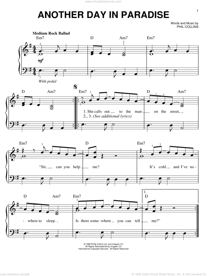 Another Day In Paradise sheet music for piano solo by Phil Collins, easy skill level
