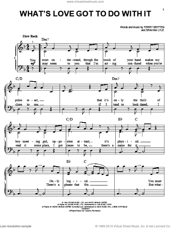 What's Love Got To Do With It sheet music for piano solo by Tina Turner, easy skill level