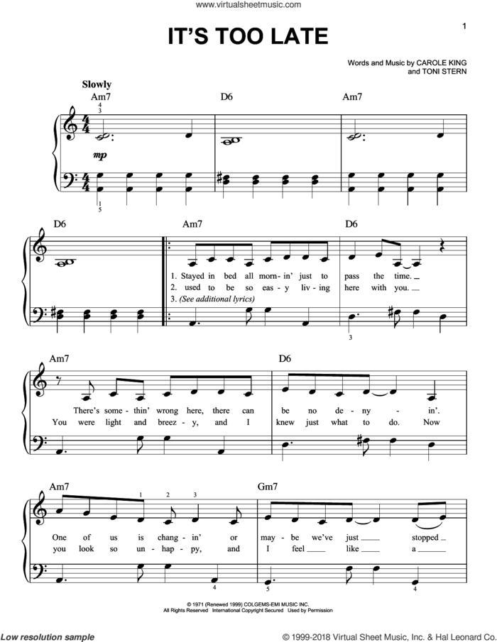 It's Too Late sheet music for piano solo by Carole King, beginner skill level
