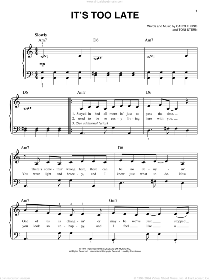 It's Too Late sheet music for piano solo by Carole King, beginner skill level