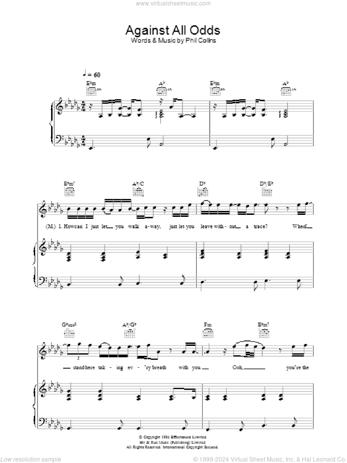 Against All Odds (Take A Look At Me Now) sheet music for voice, piano or guitar by Phil Collins, intermediate skill level