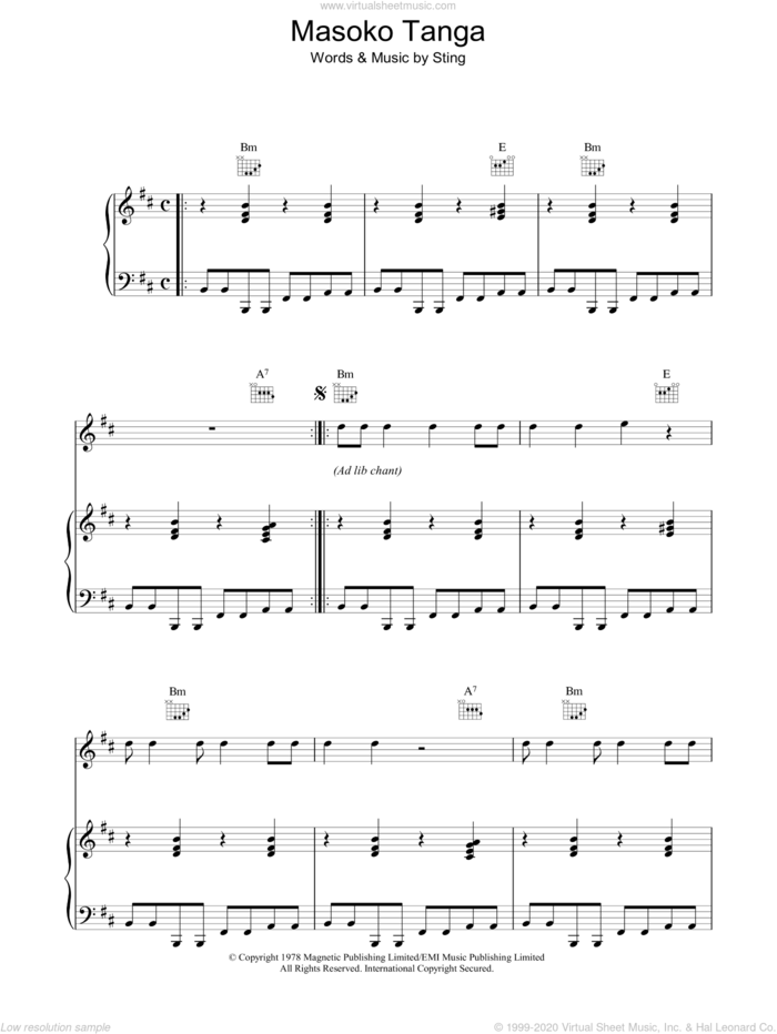 Masoko Tanga sheet music for voice, piano or guitar by The Police and Sting, intermediate skill level