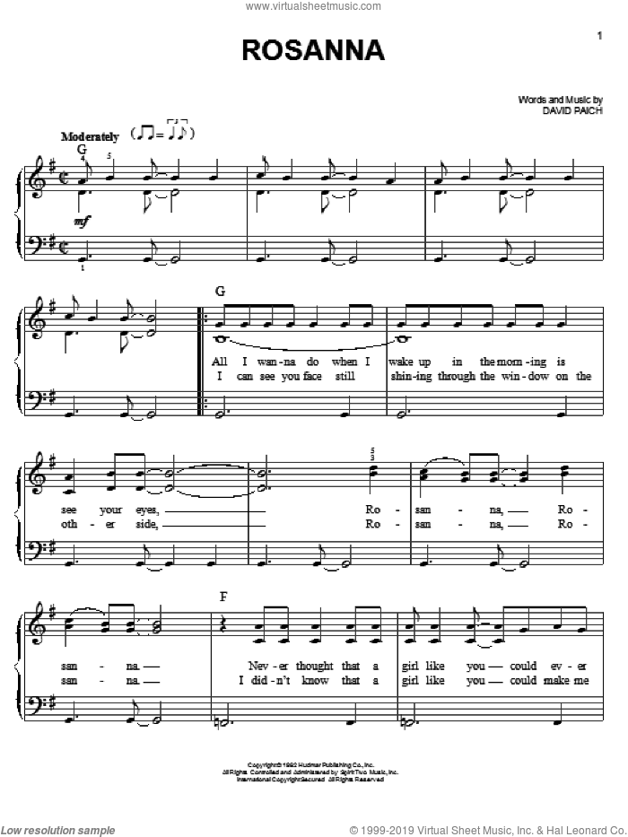 Rosanna, (easy) sheet music for piano solo by Toto, easy skill level