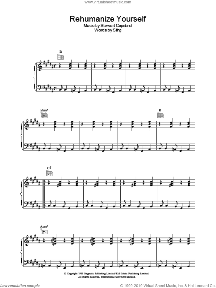 Rehumanize Yourself sheet music for voice, piano or guitar by The Police, Stewart Copeland and Sting, intermediate skill level