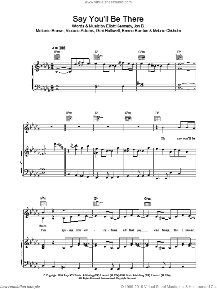 Say You'll Be There sheet music for voice, piano or guitar by The Spice Girls, Eliot Kennedy, Emma Bunton, Geri Halliwell, Jon B, Melanie Brown, Melanie Chisholm and Victoria Adams, intermediate skill level