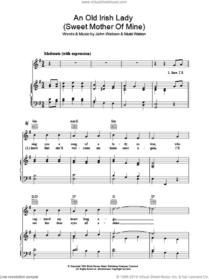 An Old Irish Lady (Sweet Mother Of Mine) sheet music for voice, piano or guitar by Johnny Watson and Muriel Watson, intermediate skill level