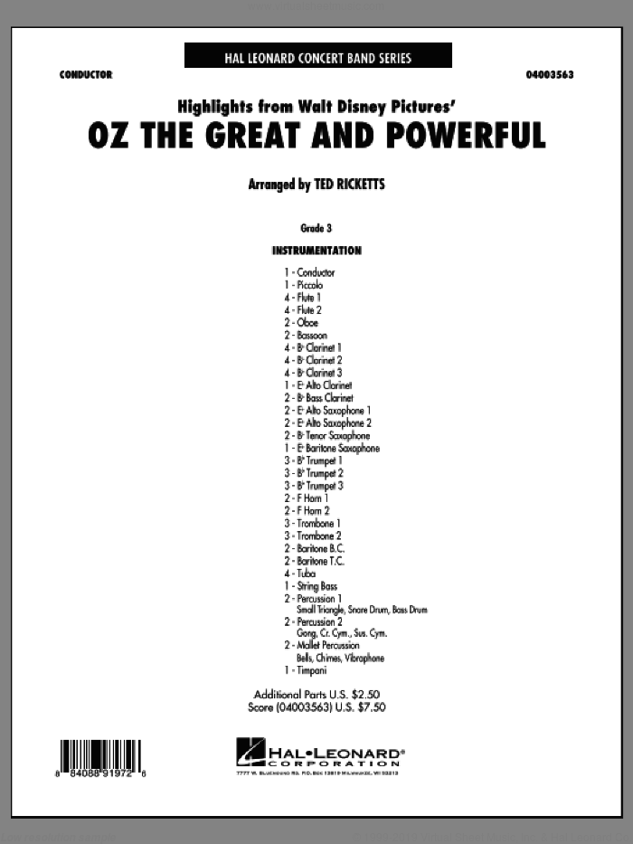 Highlights from 'Oz the Great and Powerful' (COMPLETE) sheet music for concert band by Danny Elfman and Ted Ricketts, intermediate skill level