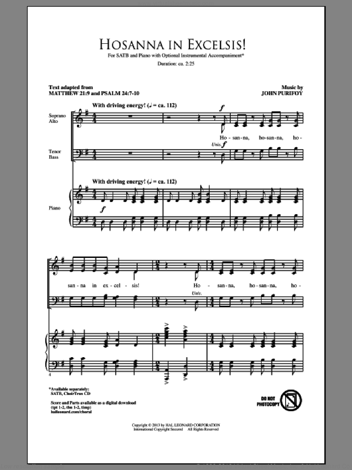 Hosanna In Excelsis! sheet music for choir (SATB: soprano, alto, tenor, bass) by John Purifoy, intermediate skill level