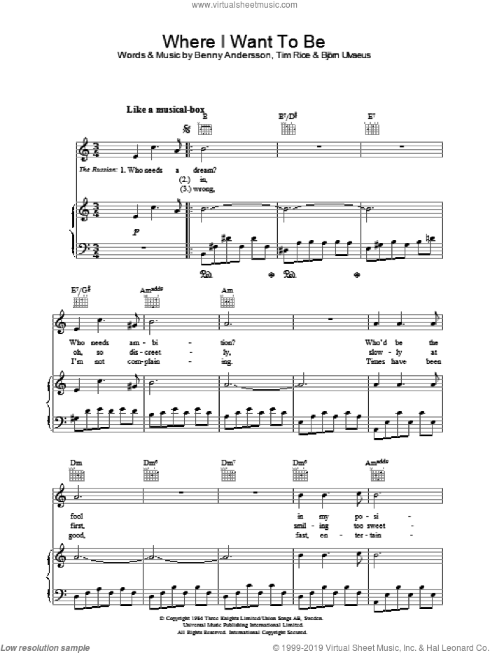 Where I Want To Be sheet music for voice, piano or guitar by Tim Rice, Chess (Musical), Benny Andersson and Bjorn Ulvaeus, intermediate skill level