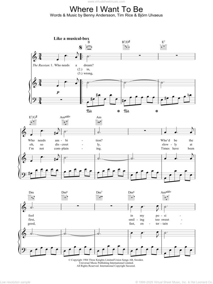 Where I Want To Be sheet music for voice, piano or guitar by Tim Rice, Chess (Musical), Benny Andersson and Bjorn Ulvaeus, intermediate skill level